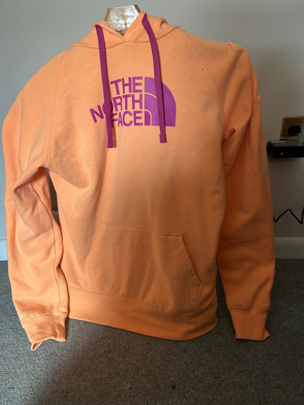 The North Face women's  Orange Crewneck Hoodie with Pink Logo